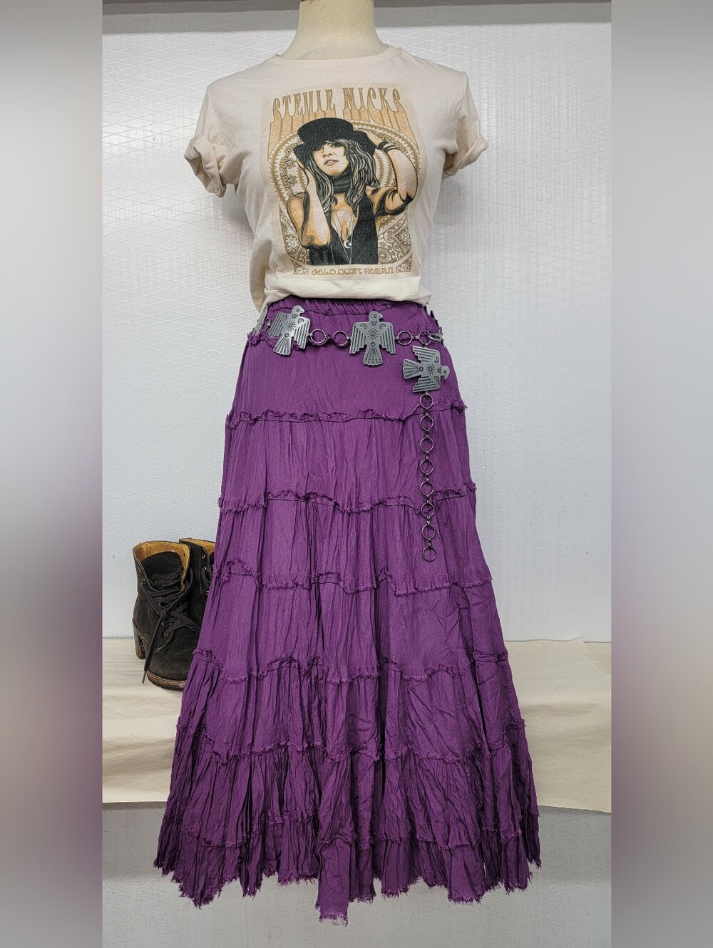 Bohemian Cottage Gypsy Tiered Crinkle Maxi Skirt